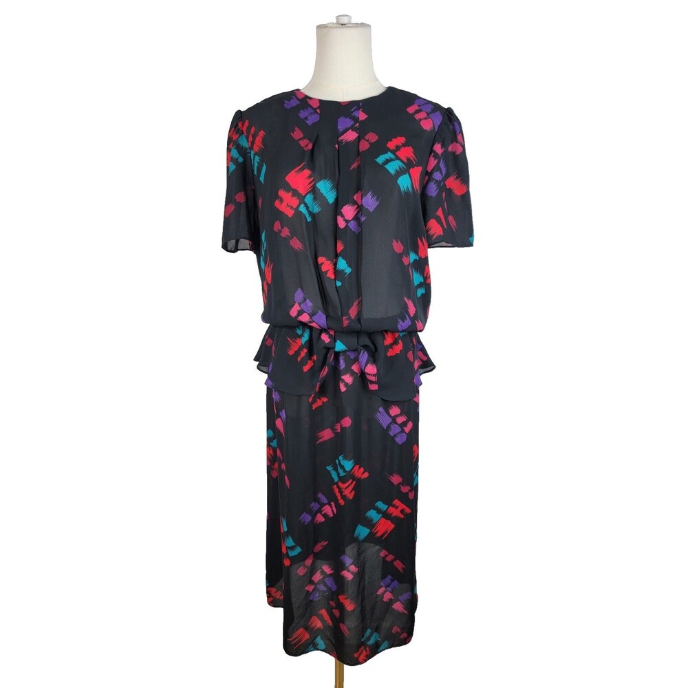Vintage 1980s 10 Raoul New Wave Abstract Print Peplum Dress Black Fuchsia